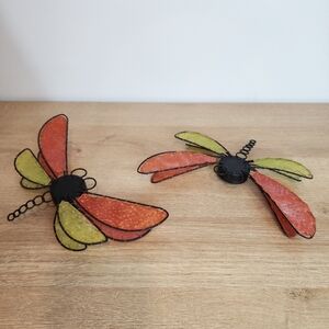 Dragonfly Tealight Candle Holders Metal Base with Orange and Lime Wings Set of 2